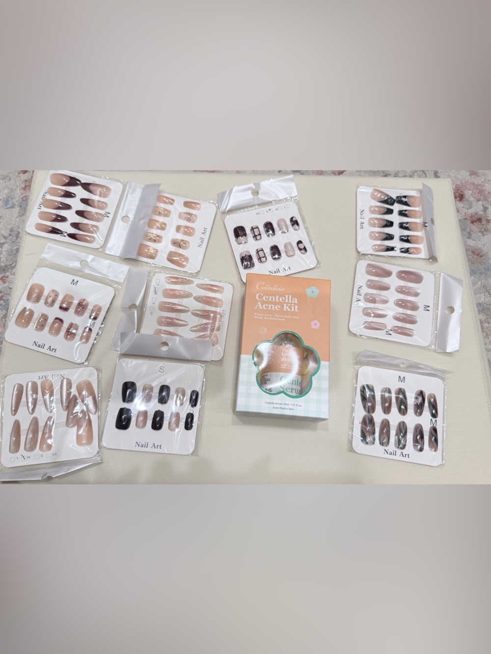 10 bundle Press-On Nail Set - Neutral Brown & Nude Shades and Pimple Patch set